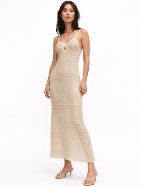 Mango Cream Crochet Knit Sheer Sleeveless Maxi Dress Beach Cover Up New Size M